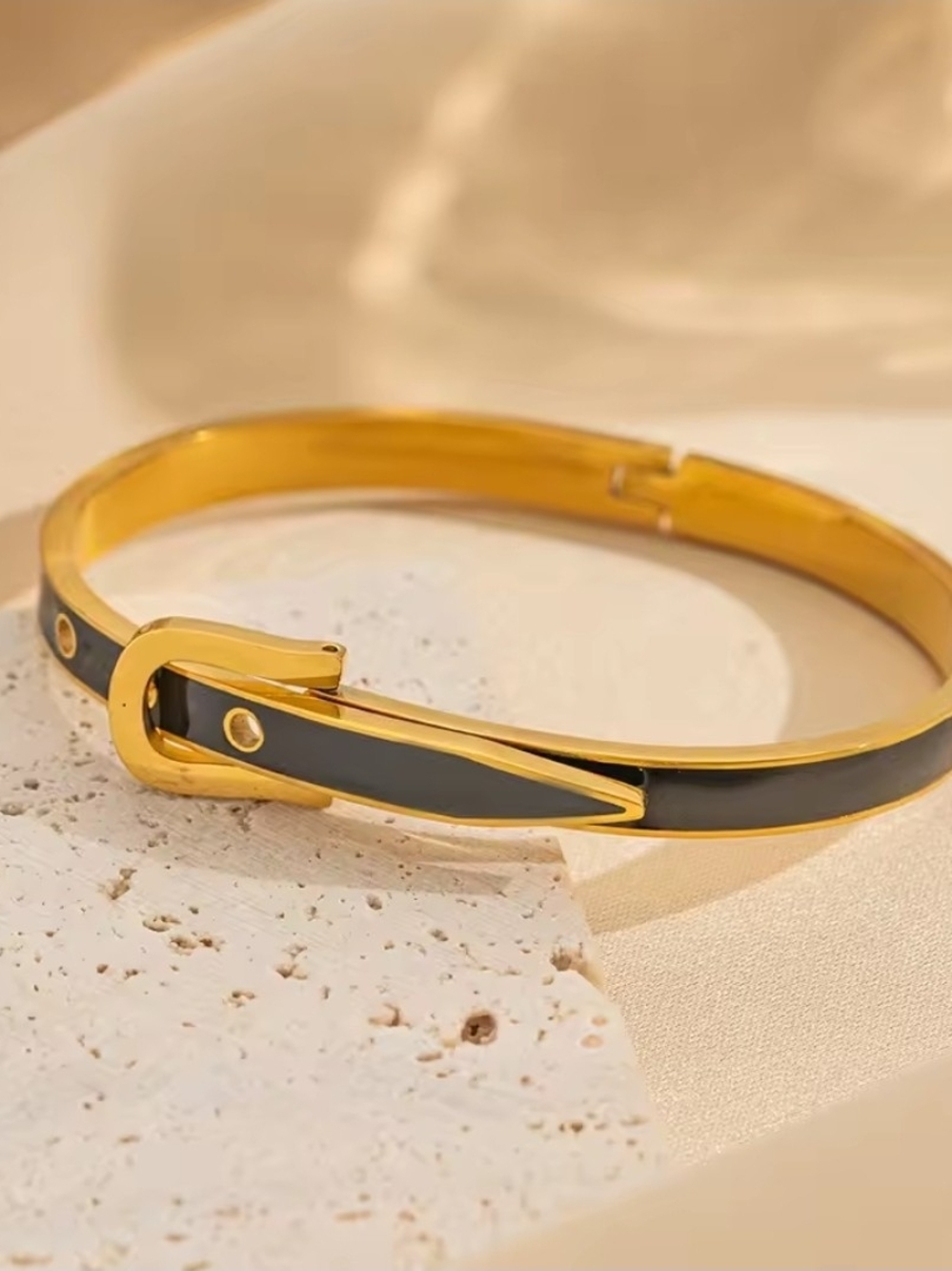 Gold-Tone Black Enamel Belt Buckle Bangle Bracelet - Women Jewelry